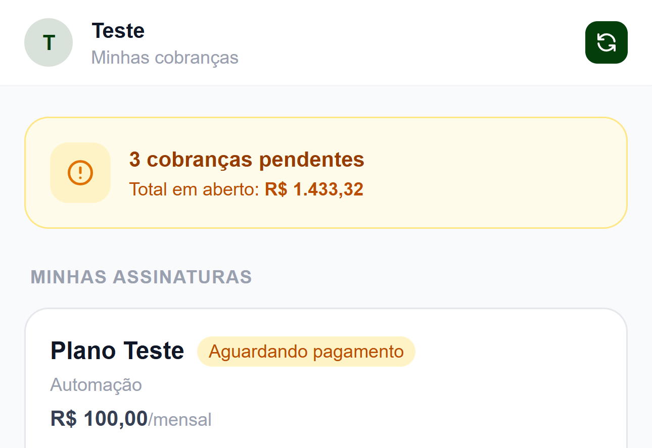 Painel do assinante com faturas e pagamento via PIX